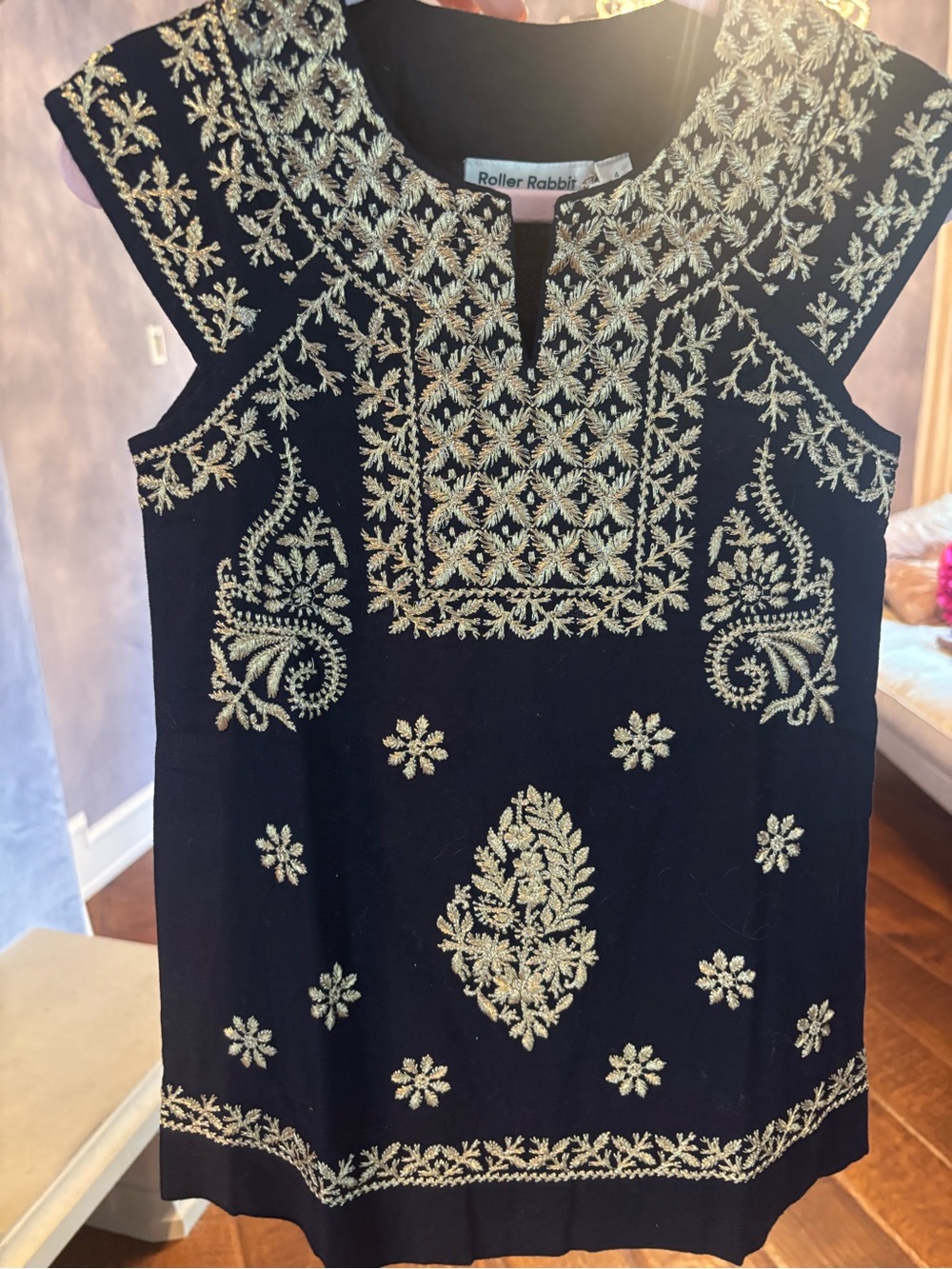 Roller Rabbit Black dress with Gold Embroidery